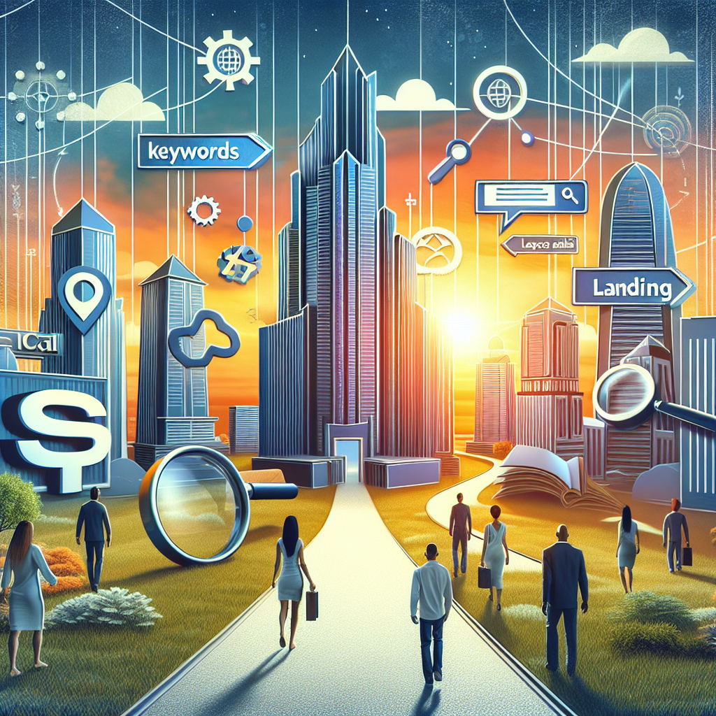 Visualize an abstract concept representing search engine optimization. Create an image featuring an urban skyline with stylized buildings bearing symbols related to SEO such as a magnifying glass, keywords, and a web browser icon. Nearby, there is a well-trodden path leading to a towering 'Local Landing Pages' sign against the backdrop of a breathtaking sunset, symbolizing success. A diverse group of people, including a Caucasian man, a Middle-Eastern woman, and an African man, are traveling along this path, representing the collaborative effort involved in effective local SEO strategies.