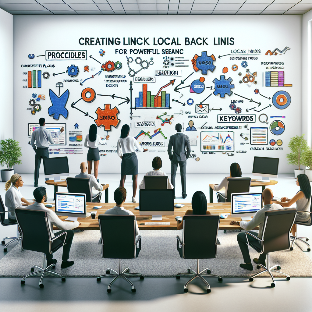 A scene inside an office where people of diverse descents are participating in a brainstorming session on a whiteboard. The board is filled with strategies on creating local backlinks for powerful Search Engine Optimization (SEO). The room is neat, filled with motivational charts, SEO statistics, and computers with local search result graphs highlighted. Procedures, plans, and keywords, depicted as connective chains, spider webs, and colorful graphs are scattered around the room. Highlighting the essence of diversity and strategic thinking in harnessing the power of SEO.