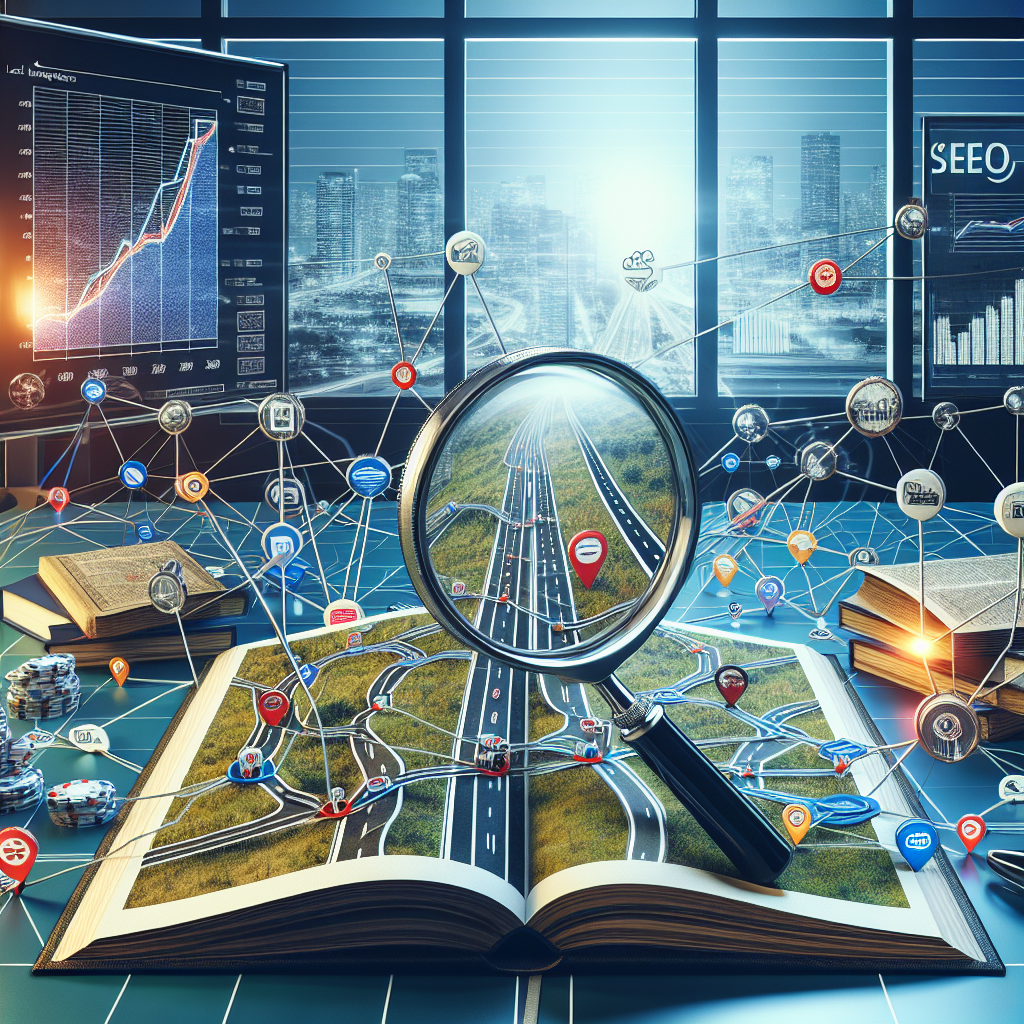 A conceptual scene demonstrating the SEO strategy using local backlinks. A road map spreads across a large table, with various small towns and cities represented as web nodes, connected by intricate pathways representing backlinks. Amongst these nodes, a metaphorical magnifying glass hovers over one node, symbolizing the focus on local backlinks. Nearby, an open book labeled 'SEO' rests, its pages revealing charts and graphs about link-building strategies. A digital screen in the background displays a skyrocketing line graph, indicating the positive impact of powerful SEO. The setting is an office with a window overlooking a cityscape.