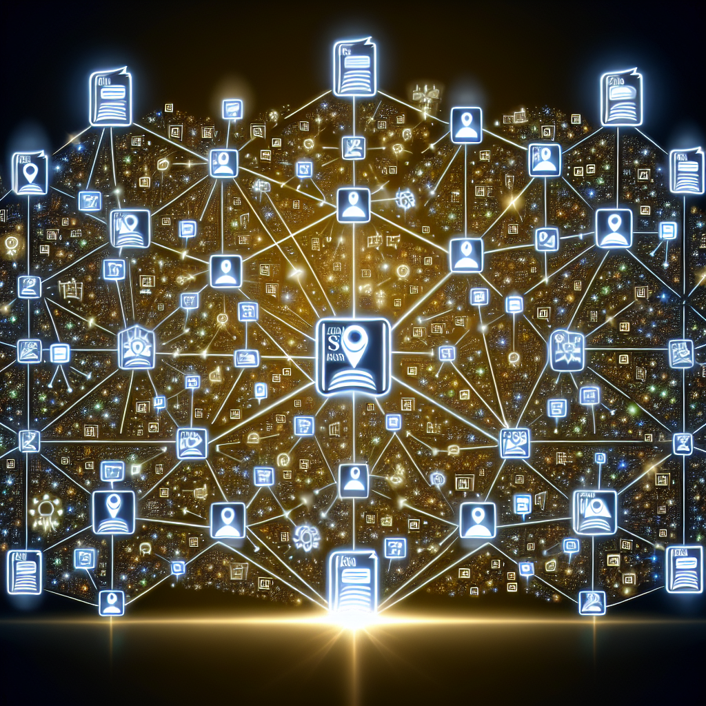 Illustrate an image that represents the concept of local backlinks, possibly showing a network of interconnected local symbols or small town icons forming the shape of a massive web. Each node could represent a unique webpage, and the links could symbolize the SEO backlinks between the sites. Direct the viewer's attention with a spotlight or a glowing pathway that highlights the most powerful connections, that could symbolize essential and effortless strategies for powerful SEO. The image should embody the importance of community networking and digital cooperation in local SEO strategies.