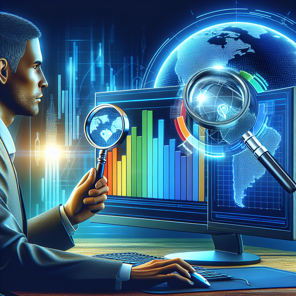 A digital-themed image featuring three essential components symbolic of Local SEO Analytics. First, a 3D rendering of a computer monitor displaying a dynamic, color-coded bar graph on the screen, representing website ranking data. Second, a magnifying glass hovering above a digital globe symbolizing the localization aspect. Lastly, a mixed-race male professional intently studying data on the computer. All elements should convey a sense of diligent tracking and analysis of SEO metrics.