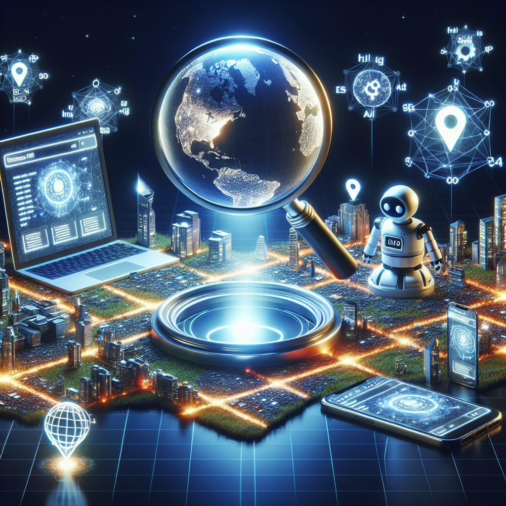 A digital scene portraying the concept of Local SEO Analytics. In the center of the image, depict a large magnifying glass scanning over a 3D map with various identifiable local landmarks. Under the magnifying glass, illuminate the area with a bright light signifying areas of high search engine rankings. Nearby, show an array of essential digital tools such as a laptop showing real-time data analysis, a smartphone with SEO tracking app, and a robot resembling AI algorithm, symbolizing automation. The background should be filled with glowing keywords related to SEO and analytics.