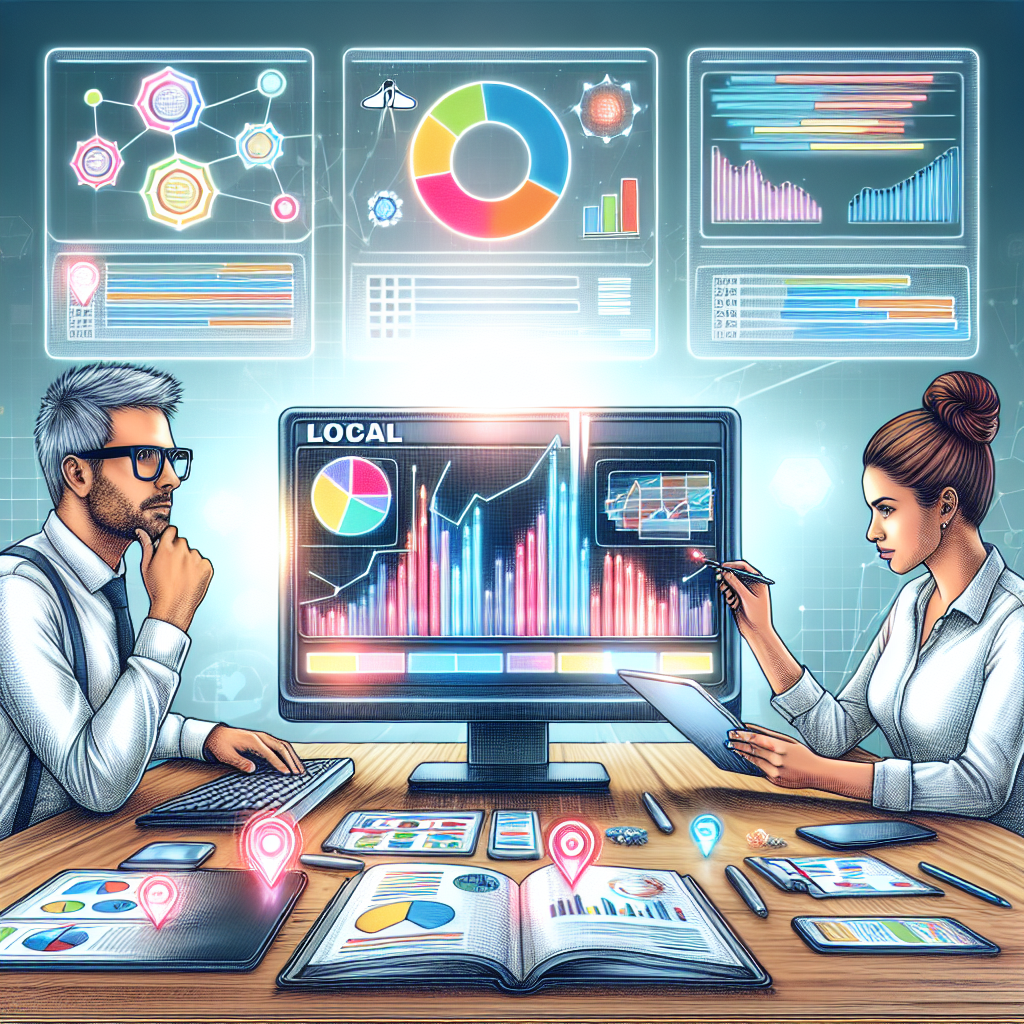 A detailed digital workspace featuring various essential Local SEO Analytics tools. At the center should be a large, detailed computer screen showing a dynamic SEO ranking tracking interface with multiple colorful graphs and charts. A Caucasian male employee with glasses could be clicking on the interface, while a Hispanic female with a bun hairstyle is taking notes on a digital tablet. Use a bright and professional color scheme to describe this SEO-themed work environment.