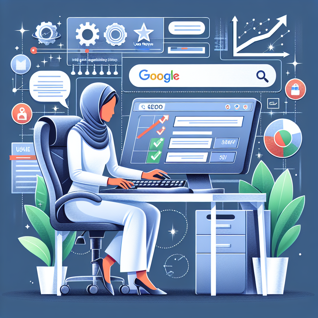 A detailed digital marketing illustration depicting a local business owner of Middle-Eastern descent optimizing their online profile. The business owner, a woman, is at her desk using a computer to access a stylized representation of a search engine interface, analogous to Google. She is implementing various SEO techniques such as inserting keywords, proper categorization, and uploading high-quality pictures. A graph on the screen signifies improving search engine rankings. Hovering SEO related icons and tips representing user reviews, high-quality photos, and accurate information surround the workspace.