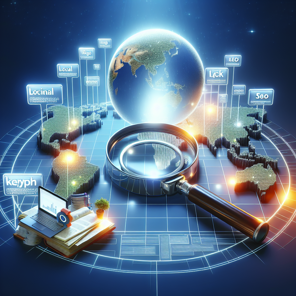 A conceptual visualization showing the process of local keyword research for SEO. The picture could depict a large magnifying glass hovering over a world map, which is gridded with different keywords illuminating under the magnifying glass. A small local business is prominently featured with a glowing halo of keywords around it, representing the improved SEO ranking. In a corner, another element could depict the seamless, yet detailed workflow of keyword research such as a stack of research papers transforming into digital data points integrating to a laptop, illustrating the transition from research to digital strategy.