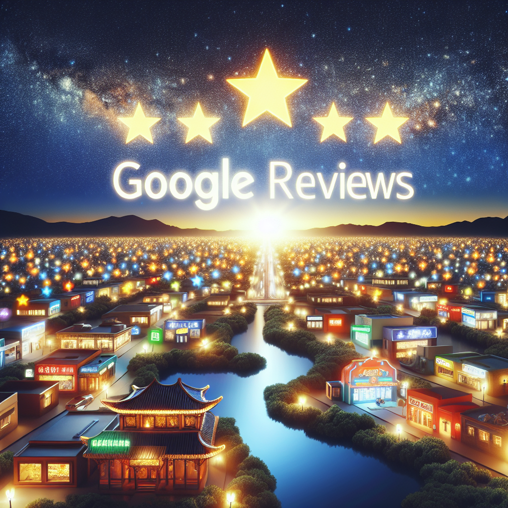 Visualize a concept related to the subject of local business reviews with a focus on Google Reviews SEO. Imagine a large, glowing sign of 'Google Reviews' poised above a serene night cityscape. There are numerous diverse small businesses below such as a Chinese cafe, a Portuguese bookstore, a Middle-Eastern boutique, and an Italian pizza restaurant. In the sky, stars are painstakingly arranged to resemble the commonly recognized SEO symbols. The composition elicits a sense of harmony, epitomizing the wonders that result from the successful integration of online reviews into local businesses' SEO strategies.