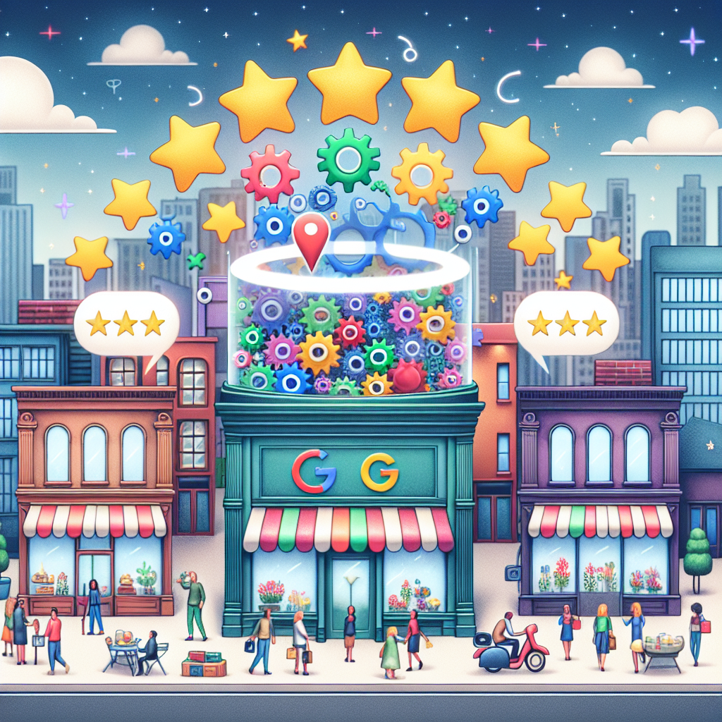 Imagine a scene representing the concept of local business reviews boosting SEO. Visualize a diverse range of local business storefronts such as a bakery, a bookstore, a florist, and a coffee shop. Inside each store, visible through the transparent glass doors and windows, are customers of different genders and descents happily engaged with the products or services. Vibrant speech bubbles circulate above their heads, filled with stars and positive feedback. Above this cityscape, in the sky, is a giant, physical representation of Google's search engine algorithm, resembling a transparent machine with gears and cogs, that intakes these reviews and delivers a higher site ranking as a result. This overhead image should inspire the symbolism of how local google reviews influence SEO.