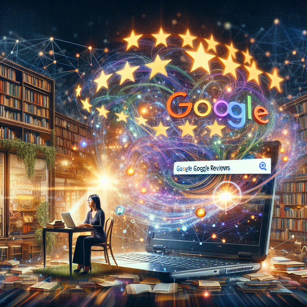 A vivid and detailed image depicting the flow of information within digital marketing. This involves an internal view of a local small business: an Asian woman running an eclectic bookshop with enthusiasm. Next to the bookshop, a large laptop screen showing Google's search engine with five-star reviews pouring out of the screen symbolizing the successful SEO. In the background, hints of the internet and connections, with glowing nodes and link lines symbolizing networks. Noteworthy key words like 'local business', 'SEO', and 'Google reviews' radiant on the screen.