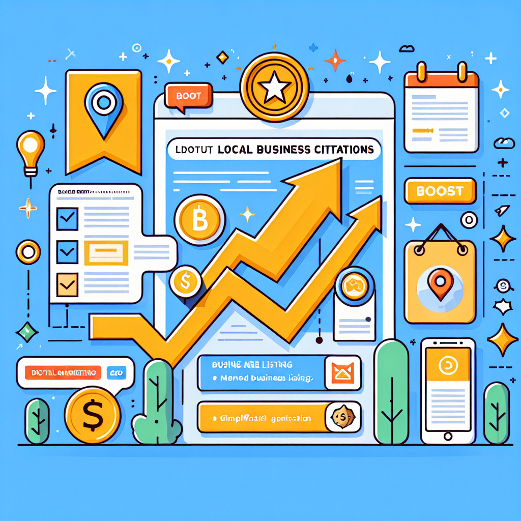 Create an illustrative image for a detailed guide about local business citations. The image should show a concept of a 'boost,' represented by an upward trending arrow. There should be visual elements related to business listings, such as a simplified listing with business name, address, and phone number. The guide should come across as exclusive and effortless, perhaps indicated by luxury elements like a gold seal or smooth graphic designs. Also include digital marketing symbols, like internet and SEO icons, to tie it all together. Use lively and bright colors to make it attractive.