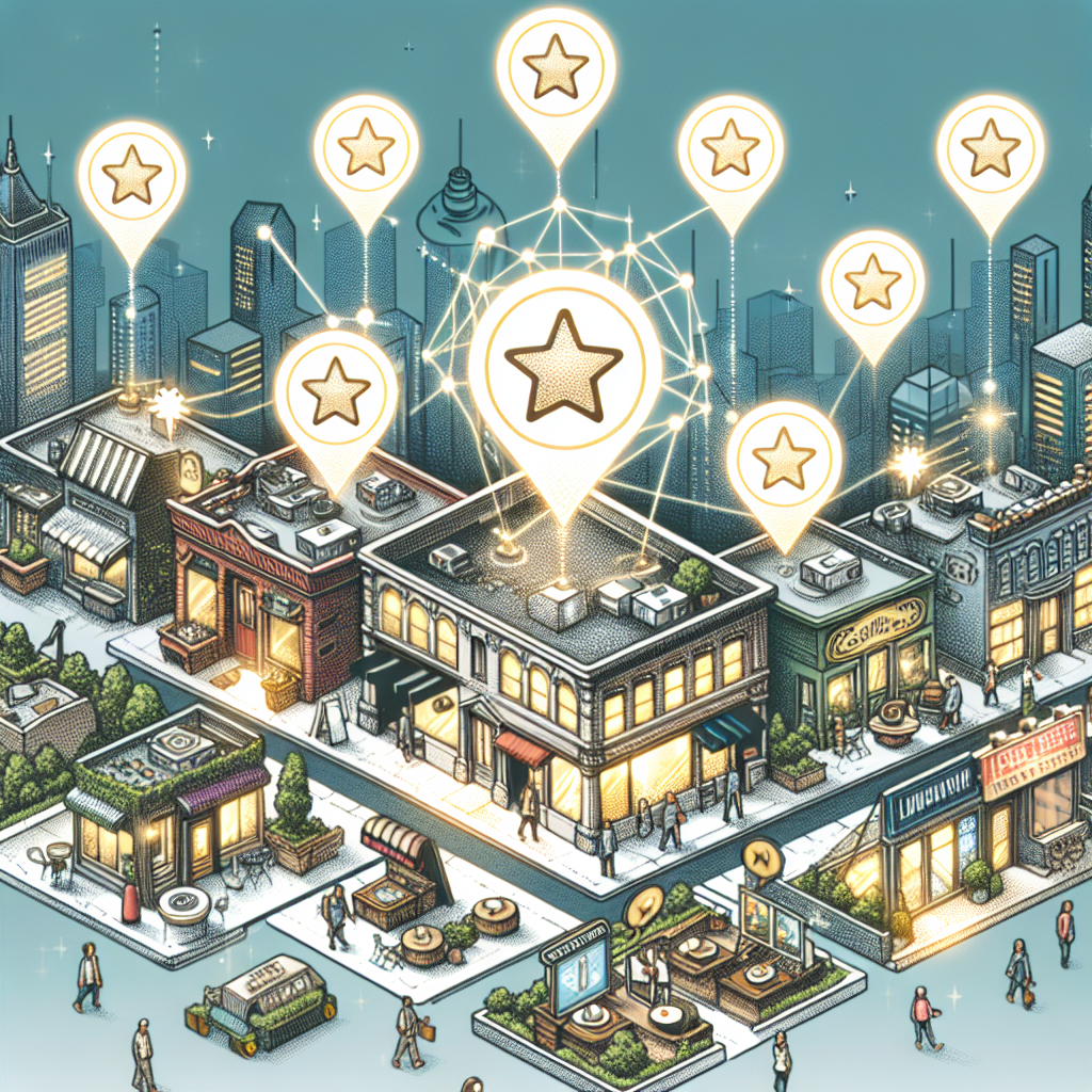 An illustrative concept of a cityscape with various small and large businesses bustling with activity. Some of the businesses are represented as a quaint coffee shop, a family-owned bookstore, a sleek modern tech startup, and a cozy barber shop. Each business should have a glowing, floating icon above its roof in the shape of a star or badge that symbolizes 'local citation boost.' The badges are connected with a path of gold, symbolizing the networking and ease of sharing information. Subtle elements like digital screens, modern architecture or people using smartphones can hint at the digital integration of these businesses.