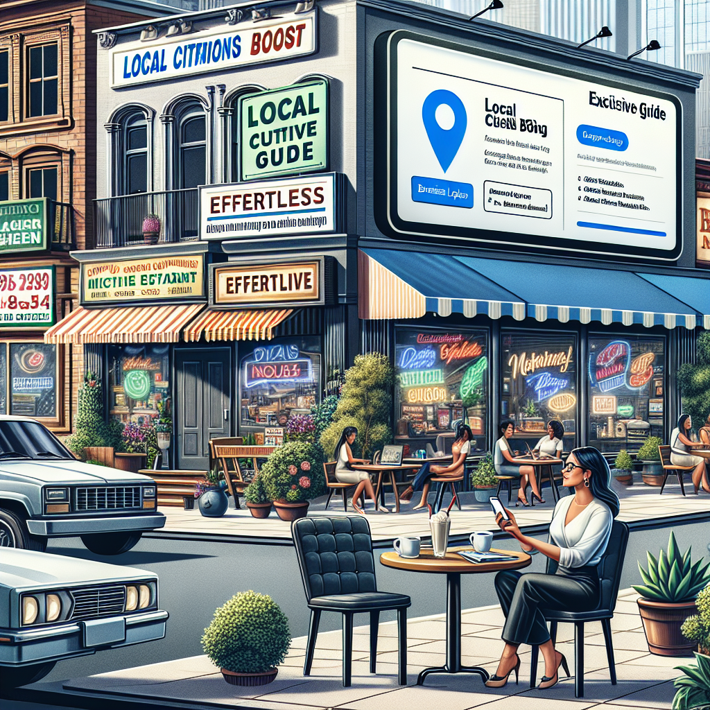 A detailed scene of a bustling urban area filled with diverse businesses. In the scene, a Caucasian lady is sitting comfortably at an outdoor cafe, interacting on her smartphone. In the near vicinity, display a large commercial billboard showing business listings. Prominent words such as 'Local Citations Boost', 'Effortless', and 'Exclusive Guide' should be present on the billboard. Reflect the feeling of progress and thriving commerce with varied businesses like a South Asian grocery store, a Middle Eastern restaurant, and a Black-owned barbershop in the background.