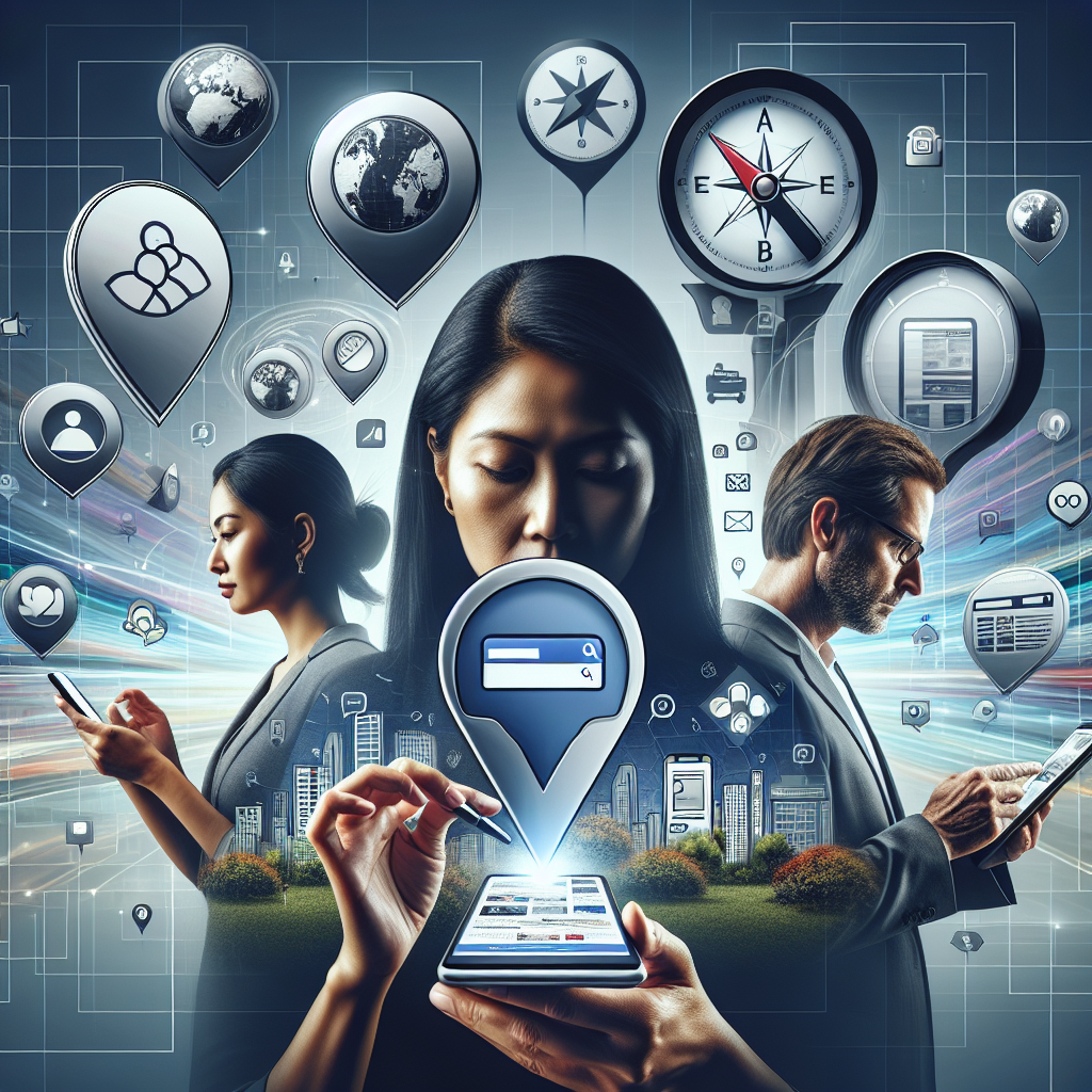 Conceptualize an image capturing the essence of mobile local SEO. Picture this: a South-Asian woman holding a modern smartphone displaying a search results page with local businesses nearby. Nearby, a Caucasian man uses his tablet device for the same purpose, their device screens illuminating their faces with a soft light. Behind them, enormous, stylized illustrated icons representing a compass for location, a magnifying glass for search, and a smartphone for mobile technology float in the background. The background gradually transitions from a geometric pattern in cool greys to a vibrant digital wave, symbolizing the transition from traditional to digital marketing.