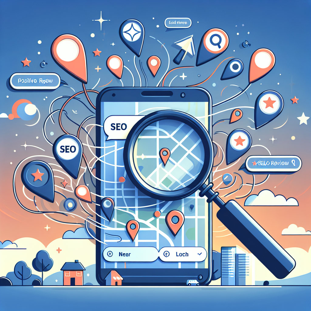Visualize an abstract concept where a magnifying glass is hovering over a smart phone in which a map application is open, displaying various local businesses. Around the phone, there are iconic symbols such as magnifying glasses, location pin markers, SEO keywords and positive review stars. These symbols are flowing effortlessly towards the phone, suggesting the ease of 'Near Me' searches. The scene has a background of a mid-morning sky.
