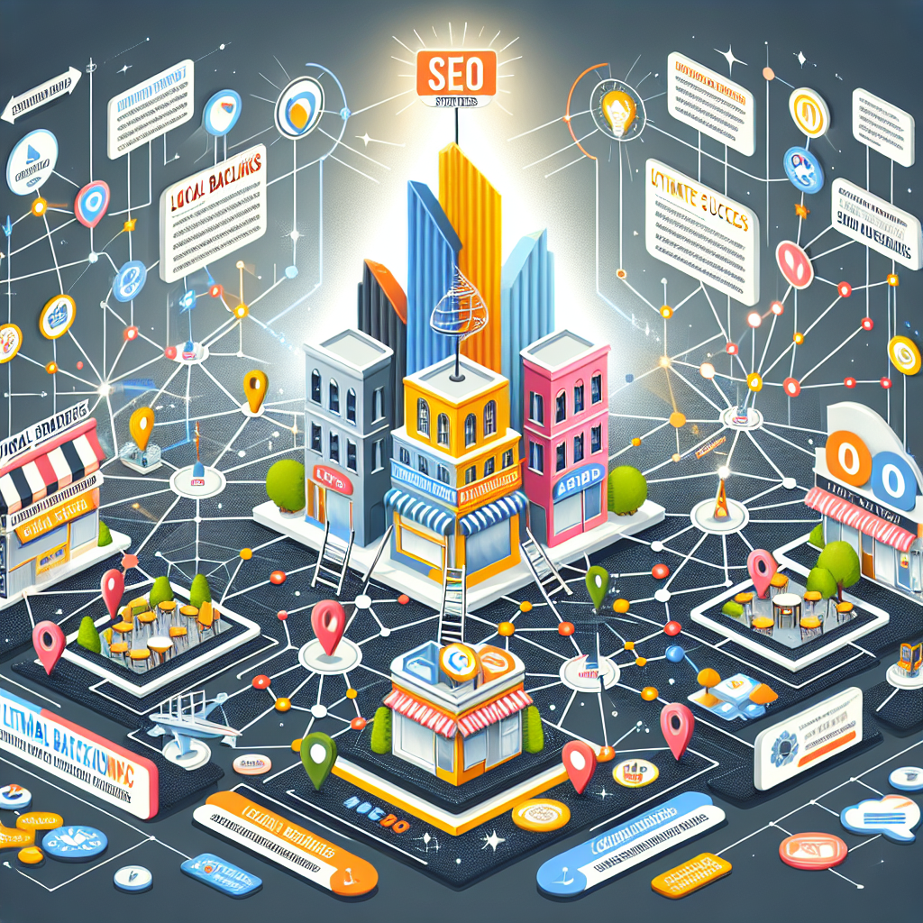 Design an image to showcase a scheme of effective Local SEO strategies. Feature a complex and interconnected web of backlinks between local businesses, symbolized by different icons such as storefronts, cafés, and local landmarks. Include an abstract ladder leading to a pinnacle showcasing a signboard reading 'Ultimate SEO Success'. Make sure the scene is dynamic, demonstrating movement and progress. Use vibrant colors and infographics style imagery, and scatter SEO related keywords such as 'Local Backlinks', 'Powerful Strategies' and 'SEO Success' within the layout.