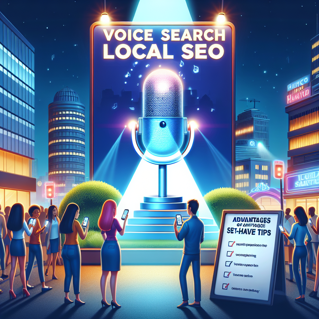 Imagine a vibrant scene set in a bustling downtown area. There is a large illuminated billboard on a city building showcasing a large microphone icon and the words 'Voice Search Local SEO'. It captivates the attention of pedestrians made up of diverse descent and gender who are fascinated and interacting with their smartphones learning about advantages of local SEO. A light beam radiates from the billboard, symbolizing the spread of information. There's a placard in the foreground displaying a checklist of 'Must-Have Tips' for succeeding in SEO strategy.
