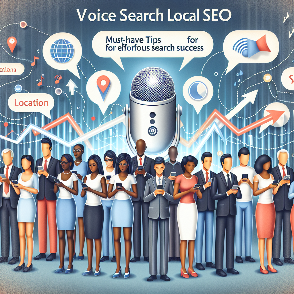 An image illustrating the concept of local SEO boosted by voice search. The scene shows a diverse group of people using smartphones, showing various ethnic backgrounds such as Hispanic, Middle Eastern, Black, and Caucasian, with a gender balance including men and women. They are speaking into their devices, with waves of sound emanating from them transforming into location tags and ascending arrows symbolizing improved search rankings. In the background, a virtual assistant like Siri but without any distinctive marks listens attentively whilst a large, clear-text banner reads 'Voice Search Local SEO: Must-Have Tips for Effortless Success'.