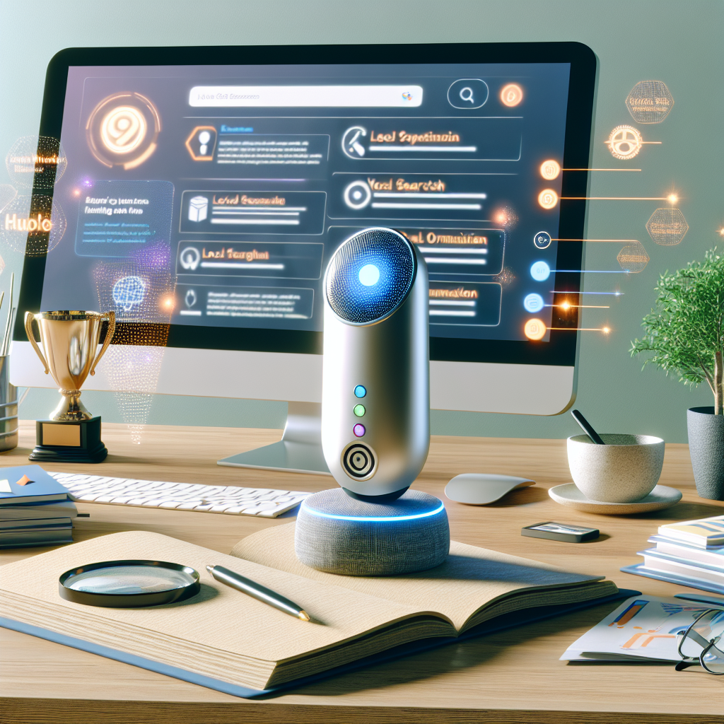 Imagine an up-to-date home office setting with an AI voice assistant device prominently displayed on a well-organized desk. There's a computer screen in the background displaying a webpage demonstrating local SEO strategies. On the desk, there's a stack of notes with highlighted important points regarding voice search optimization tips. Around the office, scattered are elements symbolizing success, like a trophy, or a tree growing from a pot, symbolizing growth. The environment feels modern, effortlessness, and the color scheme uses soothing colors to evocate feelings of ease and simplicity in achieving SEO success.