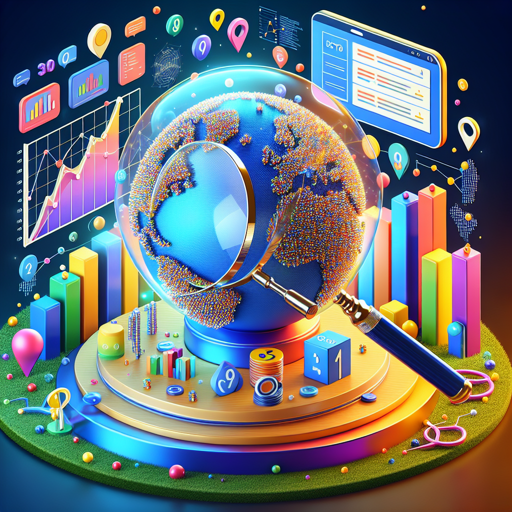 A vibrant composition representing Local SEO Analytics at work. In the center, depict a magnifying glass carefully examining a 3D model of a multi-colored, dotted globe, symbolizing global scale but local focus. Each dot represents a local business. Above the globe, display a digital billboard showing graphs and metrics indicating site rankings. Scattered around are essential SEO tools such as keywords, backlinks and algorithm codes portrayed as physical objects. Below the globe, envisage a podium awarding top-ranking spots to businesses of varying descents and genders, championing diversity in the world of SEO.
