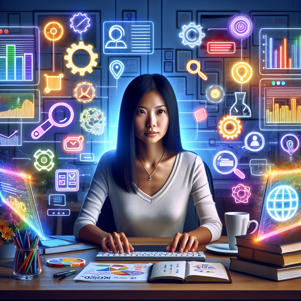 Picture an engaging and well organized workspace. An Asian woman, an SEO analyst, is focused on her multiple computer screens displaying colorful graphs, charts, and numbers related to local search engine optimization. Beside her, there's an array of essential SEO tool icons, including a magnifier, a globe, a gear, and a bar chart, as if floating and glowing with radiant colors. On the table, books about SEO, a notepad with checkmarks and keywords are scattered. Behind her, a large whiteboard filled with strategies handwritten in various colors completes the scene.