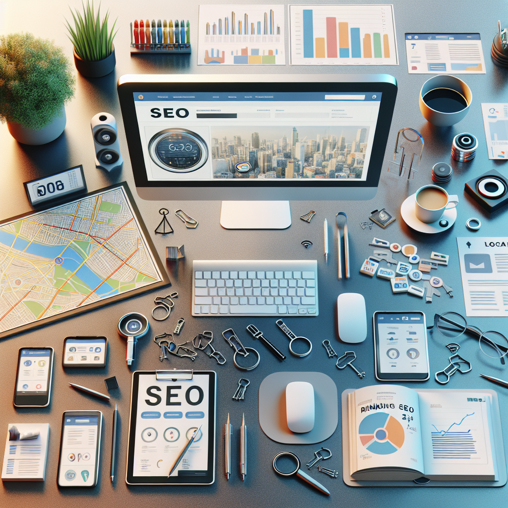 Imagine an office desk arrangement focused on Local SEO Analytics. In the center, there's a modern computer showing a top-ranking website on its screen. Laid out on the desk are various essential SEO tools, including a keyword tracker, a backlink analyzer, and analytics reports. There's a city map with certain areas marked, symbolizing the local focus. Around, one can find a cup of coffee, pens, and notepads. There's also a plant for a touch of green. All arranged under a soft, natural light. The image should reflect the colors of modern, clean design.