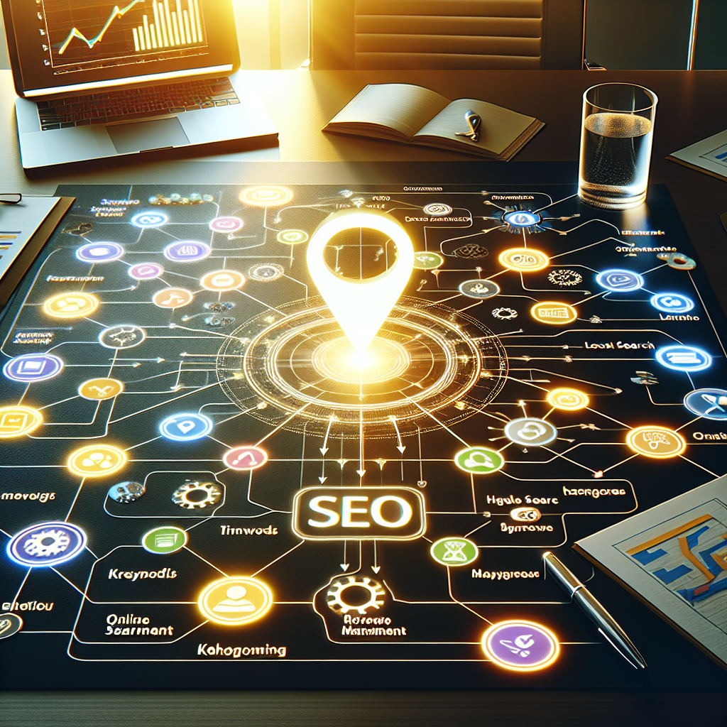 Visualize a detailed digital marketing strategy map laid out on a table. The map is filled with colorful icons and touchpoints signifying different aspects of SEO. In the center, there's a large profile symbol glowing brightly, symbolizing a well-optimized Google Business Profile. Various arrows and lines connect this central symbol to different SEO elements like local search, keywords, review management, and online presence. The environment is in a sleek modern office with a glass of water, a laptop displaying graphs, and a notepad with strategic notes next to the map. The light from a window casts a warm, morning light on the scene.