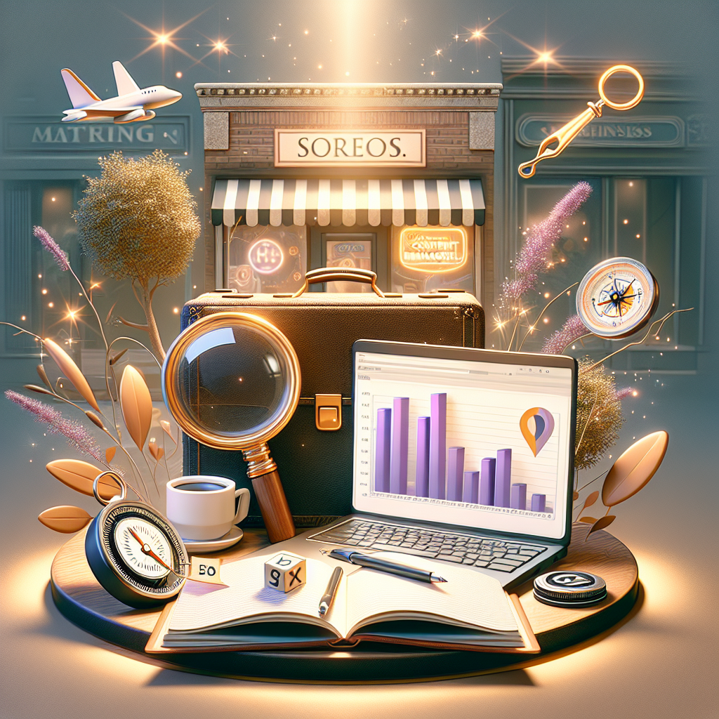 Imagine a still-life digital painting capturing the essence of local keyword research. Center stage is a toolkit containing SEO tools like a magnifying glass on a map signifying local search, a notebook symbolising content management, and a compass pointing towards a keyword. Beside the toolkit, there's an open laptop displaying bar graphs of keyword analysis. In the background, a small business storefront indicates the focus on small businesses. Lastly, to symbolize the 'effortless' aspect, floating around are sparkles or feather-like symbols indicating ease and smoothness. All elements are bathed in a warm, inviting glow.