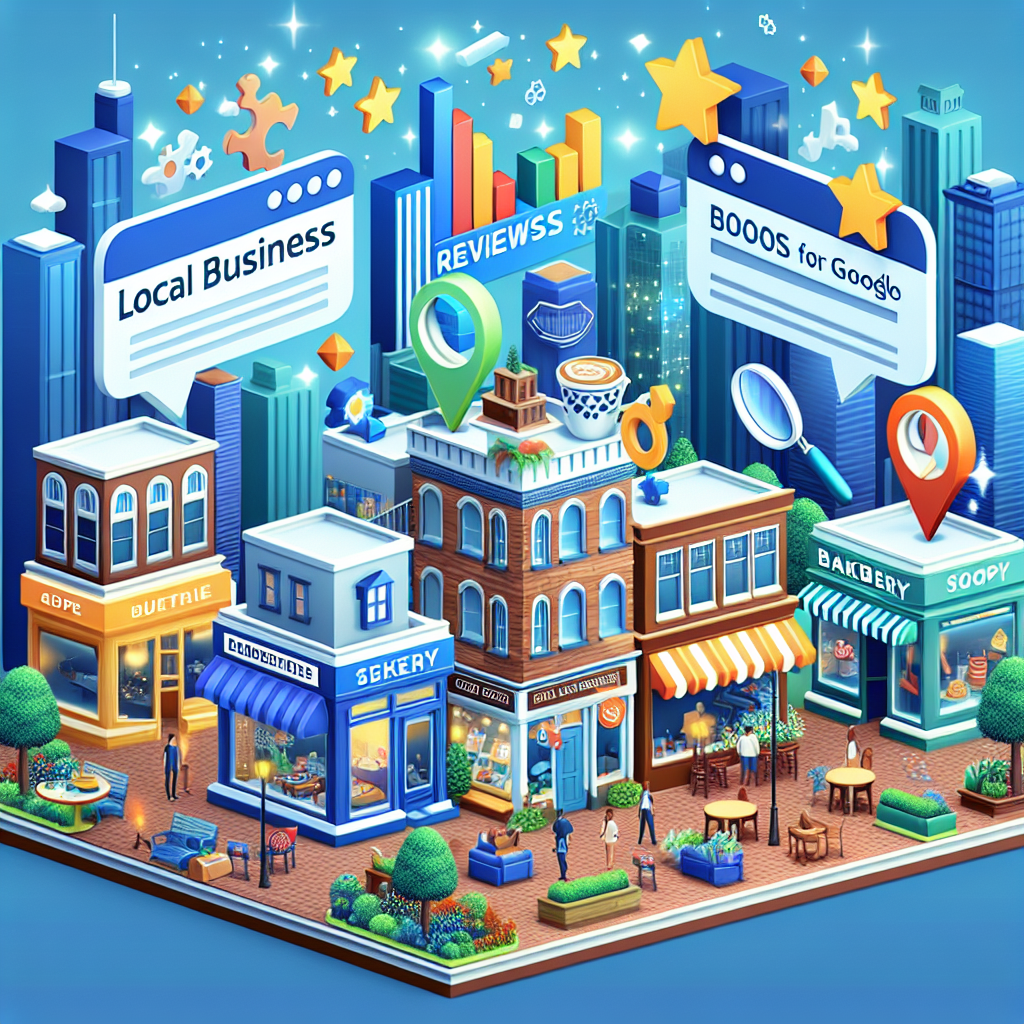 Imagine a detailed scene representing the essence of 'Local Business Reviews: Boost for Google SEO'. This scene should feature a modern cityscape where small local businesses flourish. Showcase different types of shops like a bookstore, bakery, and a coffee shop thriving in their online presence. Above the city, visualize vibrant SEO-related symbols such as magnifying glasses, bar graphs indicating growth, and puzzle pieces that fit together. The main color palette should emphasize the cool blues of the digital world meeting the warm tones of brick-and-mortar outfits. Please do not include identifiable signage or logos.