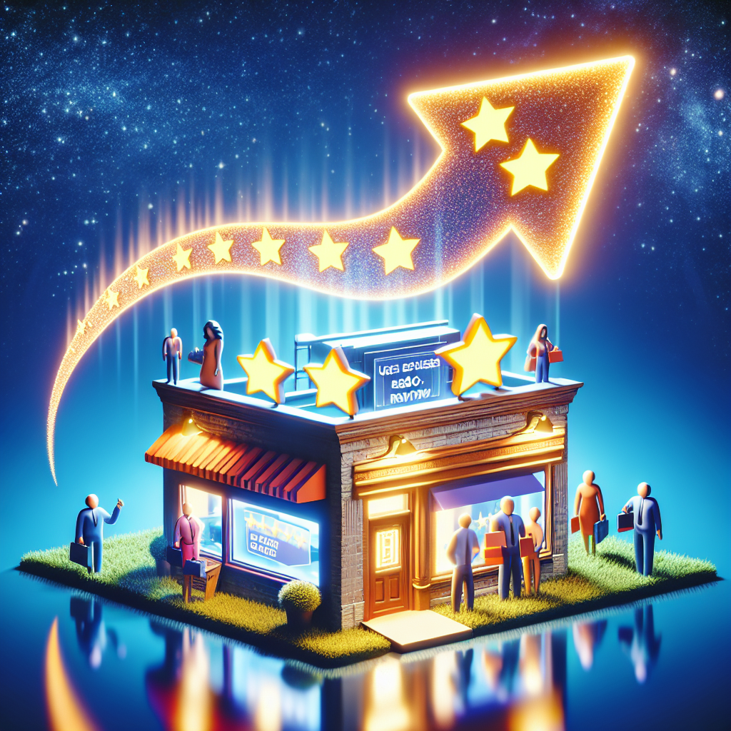 Imagine an artistic representation of the concept of Local Business Reviews working as a must-have boost for effortless Google SEO. Visually represent a vibrant local brick and mortar store with a strong digital presence. This can be symbolized by a glowing computer monitor displaying a '5-star' review rating. Above the store, envision a large upwardly curved arrow, symbolizing the SEO improvement. Furthermore, include diverse small-business owners peeking out from the store, eager to welcome customers, emphasizing the link between real-world businesses and digital success.