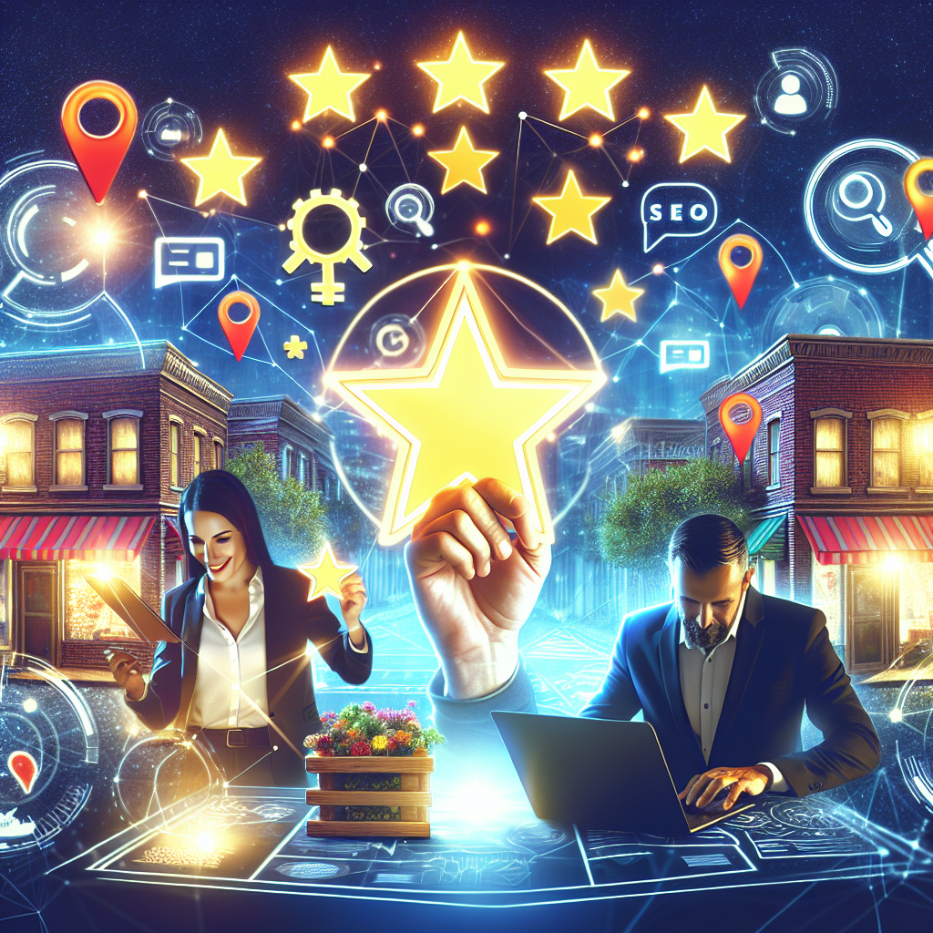 Picture a bustling local business scene where vibrant, diverse small shops are featured prominently. In the forefront, a Caucasian female shopkeeper is holding a glowing five-star rating symbol, symbolizing positive reviews. Nearby, a Hispanic man is seen busily optimizing his local store's SEO on his laptop, embodying the effort towards Google SEO. Intricate visualizations of search engine rankings, local pins, and SEO indicators float around him. The image overall conveys an atmosphere of growth, positivity, and hard work in the sphere of local businesses.