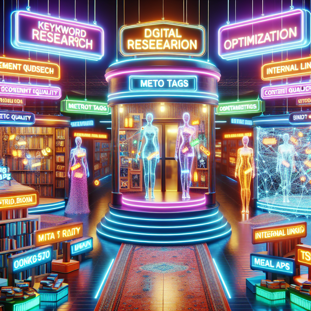 Picture a bustling digital marketplace akin to a bazaar, with neon signs pointing to different stalls, each representing a fundamental element of local On-Page SEO. The first one displays a sturdy, polished signboard titled 'Keyword Research', with mannequins adorned with word necklaces in multiple languages. Another stall showcases 'Meta Tags', illustrated by colorful tags hung with vibrant digital strings. The third one is 'Content Quality', displaying an impressive holographic book brimming with dynamic, engaging text. Finally, the 'Internal Linking' stalls have webs of shimmering, connective lines. Above it all, an inviting banner reads 'Effortless Optimization - Must-Have Strategies for Local On-Page SEO'.
