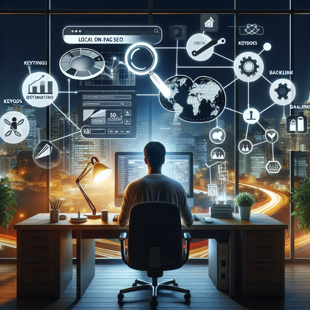 Visualize a concept related to local on-page SEO optimization. The scene should include a detailed business workspace with a computer screen displaying metrics for local SEO. The workstation is set against a backdrop of a cityscape at night, symbolizing local businesses. Include various SEO-related iconography, such as a magnifying glass hovering over a map symbolizing local search, keywords icon, backlink icon, and a checklist symbolizing strategies for effortless optimization. Also include a person of Hispanic descent, male, intently working on the strategy. The image should convey the constant analysis and diligence required in effective SEO strategies.