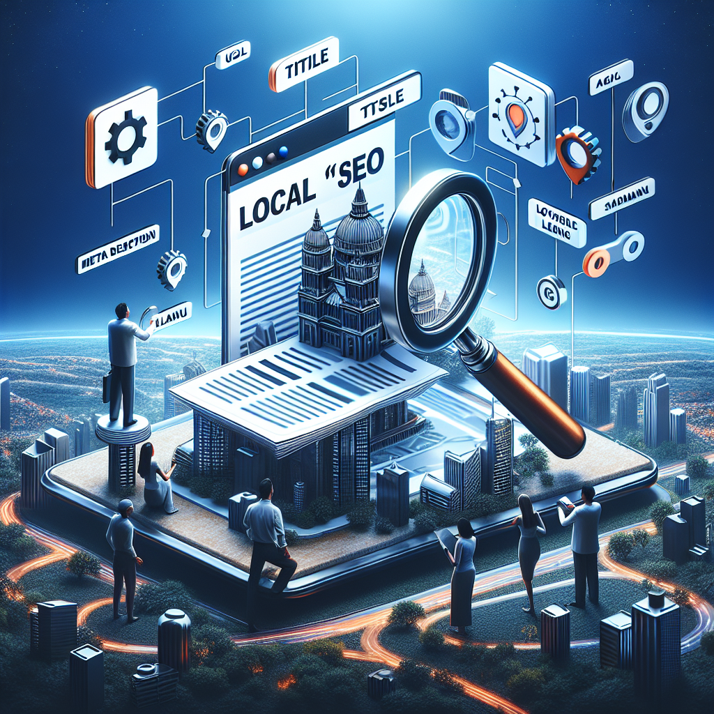 Create an image representing the concept of local on-page SEO. The scene should include a physical depiction of a web page floating over a city landscape, implying 'local' SEO. Show a magnifying glass hovering over the webpage, focusing on key words and phrases for the purpose of optimization. The webpage should visibly feature three main sections: a meta description, a title, and a URL. Display icons of gears and tools around the page, signifying strategies for effortless optimization. Please include people from various descents interacting with the scene, such as an East Asian woman and a Middle-Eastern man.