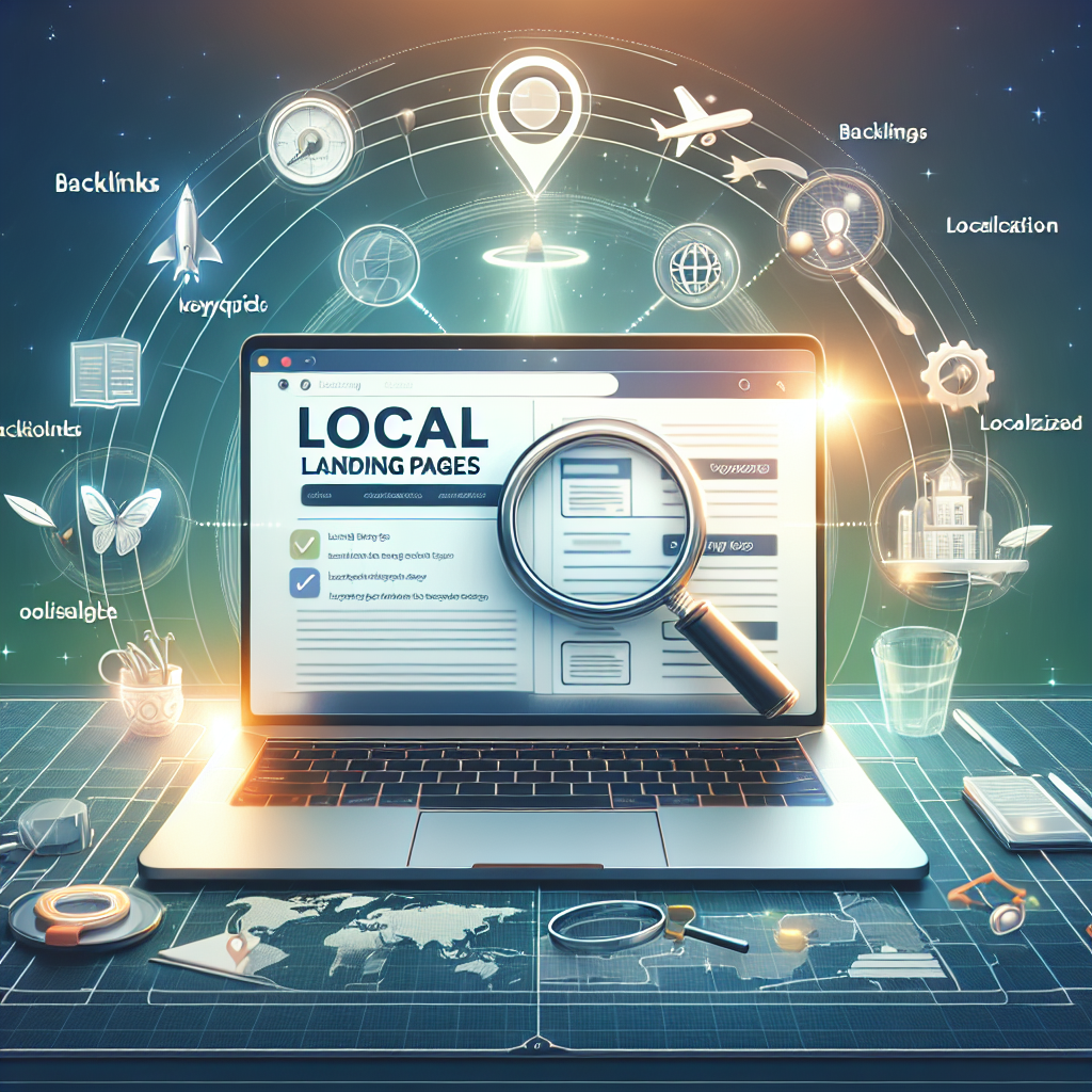 Visualize a digital concept representing local landing pages SEO strategy, aiming at effortless success. Picture a laptop displaying a landing page with SEO tags, keywords, and localized content, ideal for demonstrating local SEO strategy. Add some features such as a magnifying glass focusing on the keywords, a map signifying localization, and some icons to symbolize backlinks, website traffic, and organic growth. Finally, incorporate a shining trophy or a gold medal to symbolize the ultimate success of this strategy. Please avoid any reference to specific real people, companies or brands.