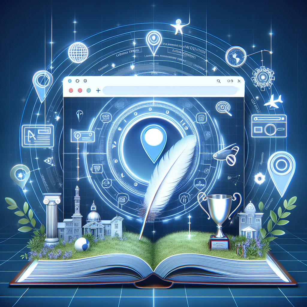 An image representing the concept of local landing page SEO strategies. The image should depict a web browser window open on a well-constructed landing page that has various elements symbolizing SEO techniques. Around the browser window, visual metaphors for effortlessness and success should be present. This could include items such as a feather representing lightness, and a trophy signifying success. The backdrop should be a digital landscape hinting at the local focus of the landing page, possibly including geo-pin markers and small depictions of local buildings or landmarks.