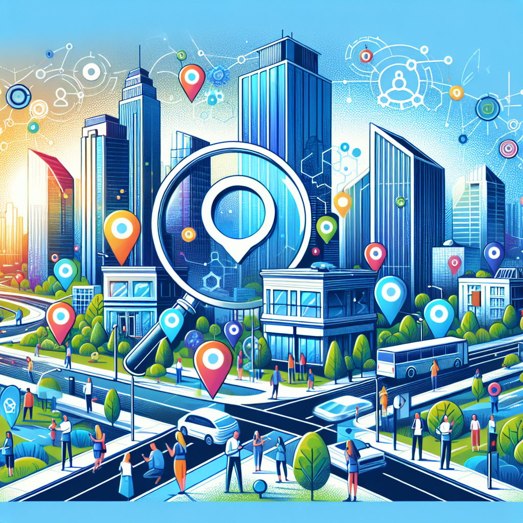 Create an illustration portraying a bustling cityscape during a bright sunny day. Add details like modern buildings, tall skyscrapers, trees lining the sidewalks, intertwined roads, with diverse people of different genders and descents using their mobile devices. Overlay these scenes with vibrant, translucent bubbles indicating geolocation tags. Include an enormous magnifying glass hovering over the city, symbolizing 'Near Me' searches. Infuse the overall image with thematic elements such as gears, web symbols or other visuals, representing SEO strategies at work. The primary color should be vibrant blue, symbolizing technology and innovation.