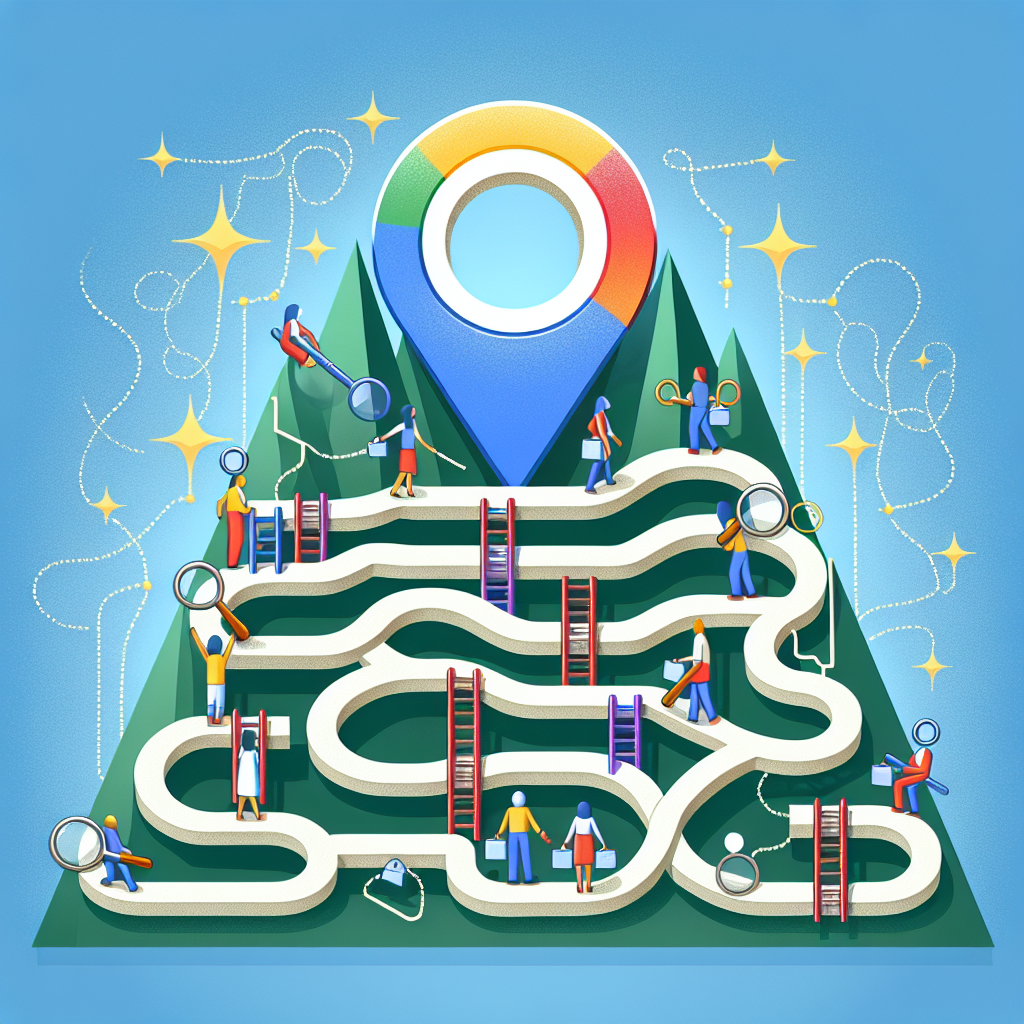 Illustrate an image that depicts a symbolic representation of SEO strategies. Imagine a maze in the shape of a search icon with the center as the ultimate goal, situated at the top of a mountain. The mountain is adorned with chains of various colored backlinks, symbolizing different local backlinks, weaving through the maze, making effortless paths to the top. On these paths, there are SEO professionals of varying genders and descents, working together. Show them each carrying a unique strategy map, signifying different tactics they use to achieve Top SEO results.
