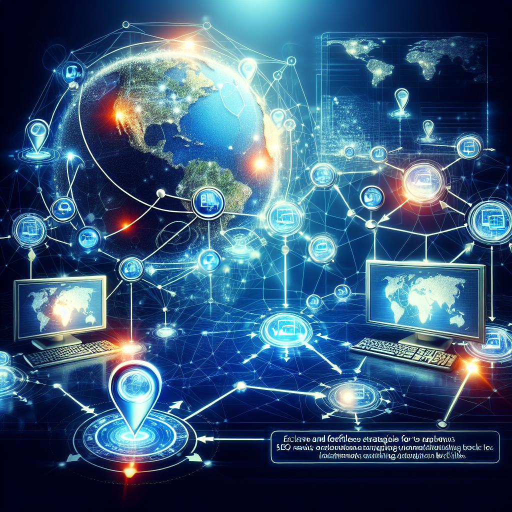 Create a detailed image that depicts the concept of SEO optimization through local backlinks. The picture should represent the digital realm, showcasing computer devices, web pages and interconnected nodes to symbolize backlinks. There should be noticeable highlights and arrows pointing towards one of the nodes, indicating it obtained top SEO results. Different stages of the strategy should be shown in sections of the picture: starting from the research phase and moving towards implementation, tracking and success. A caption at the bottom of the image could read 'Exclusive and Effortless Strategies for Top SEO Results'.