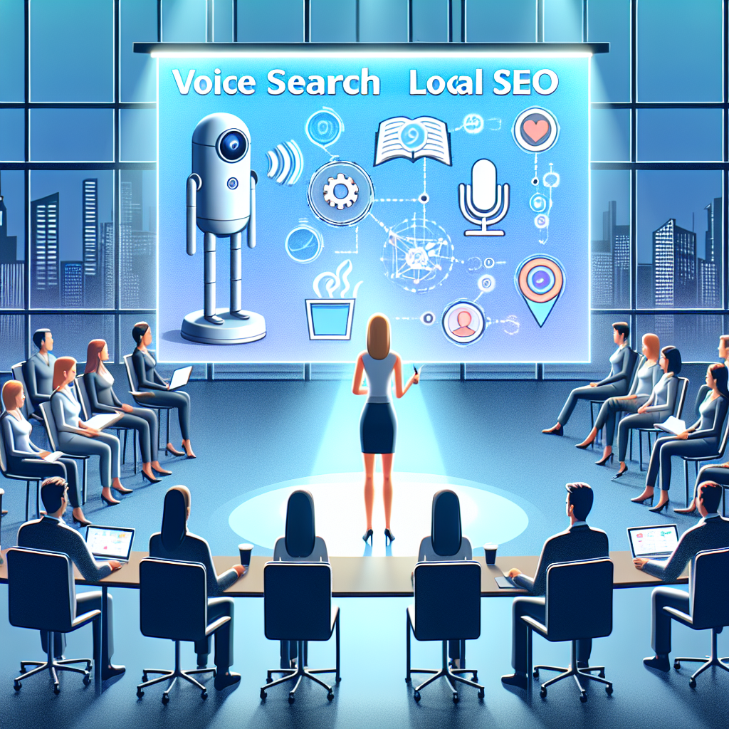 An illustrative digital art showcasing a scene where an animated humanoid figure, possibly a Caucasian female tech expert, is giving a presentation on 'Voice Search Local SEO' in a modern office set up. The presentation slide should display some simplified graphics demonstrating key features of Voice Search SEO like smart speaker, voice command icon, and local map layout. In the foreground, a diverse group of corporate attendees are listening attentively. Include aesthetic elements such as a bright projector light, attendee's laptops open to note key points, and subtle city skyline view from the office window.