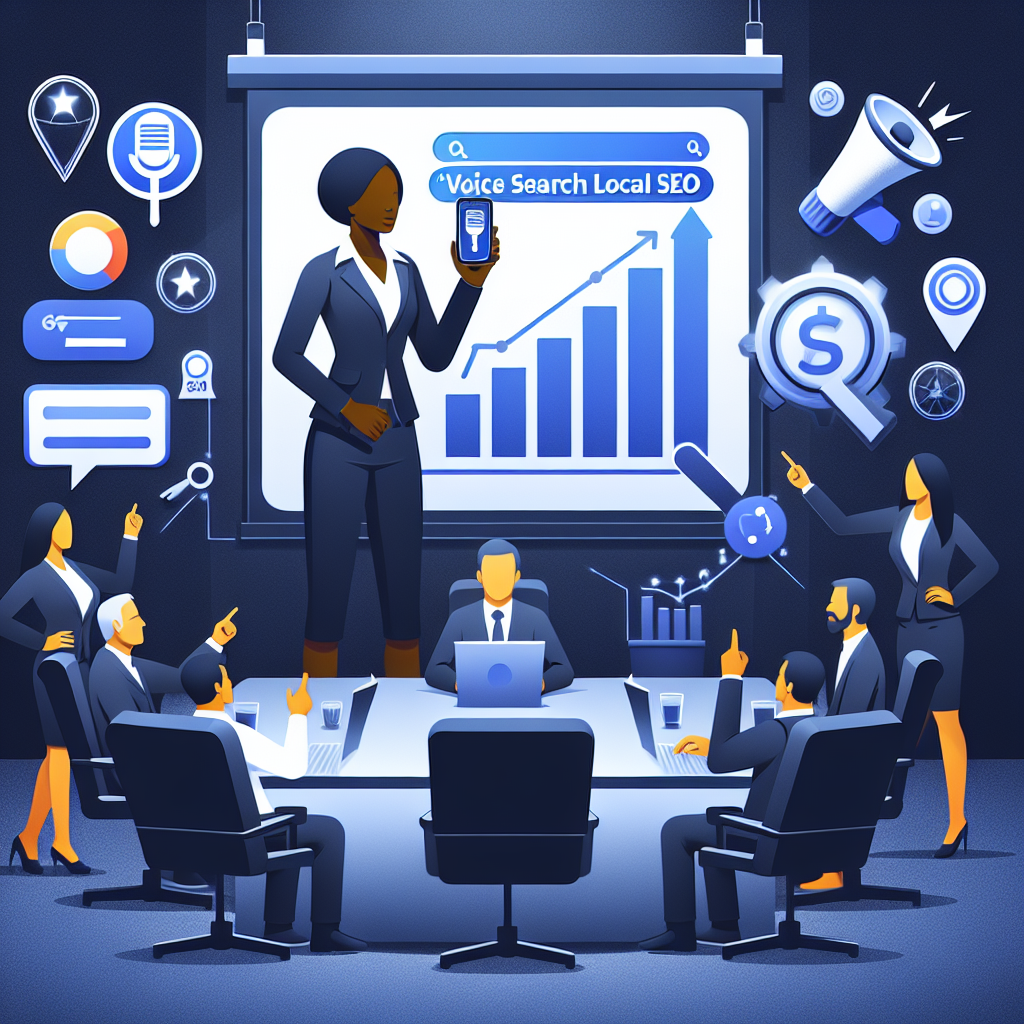 Create an image illustrating a concept of 'Voice Search Local SEO'. This should depict a dynamic, modern office environment with a diverse group of professionals. An African female professional should be holding a phone displaying a successful voice search result, while a Caucasian male professional points towards a projection screen showcasing a skyrocketing SEO ranking. Enhance the image with related symbols like search icons, microphones, and ranking arrows. Infuse the scene with an aura of achievement, showcasing the result of effective local SEO strategies.