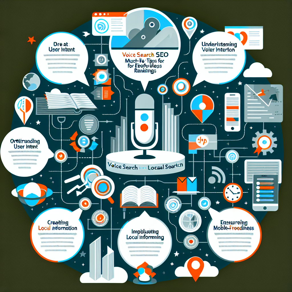 Depict an infographic on 'Voice Search Local SEO'. The top of the image should have a banner with the text 'Voice Search Local SEO: Must-Have Tips for Effortless Rankings'. Below, there should be various sections including 'Understanding User Intent', 'Optimizing for Conversational Keywords', 'Creating Better Content', 'Incorporating Local Information', and 'Ensuring Mobile-Friendliness'. Each section should have relevant symbols - a thought bubble, a speech bubble, a pile of books, a map marker, and a smartphone respectively. The background should be a professional blend of light and dark tones to make the information pop.