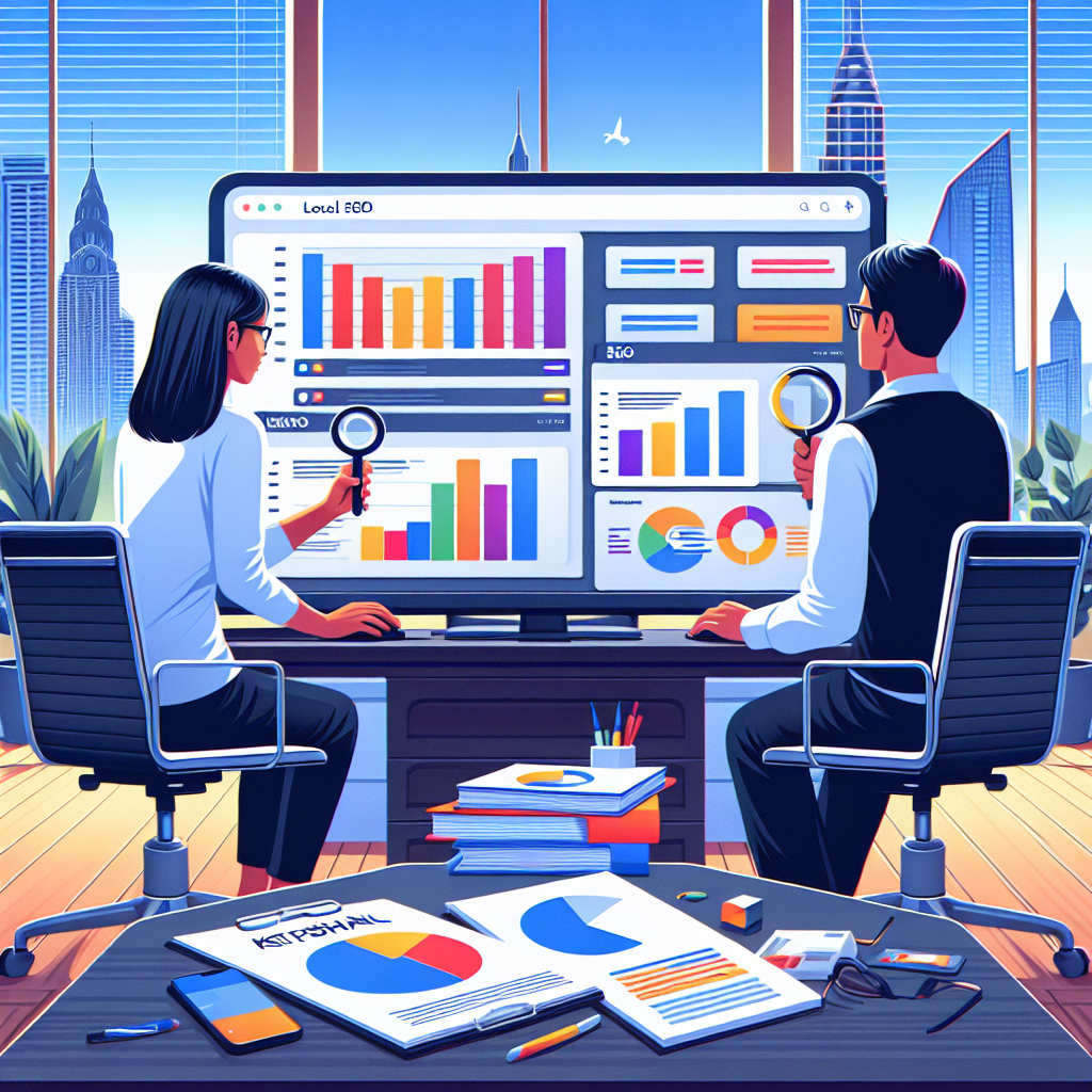Illustrate an image of a professional workspace where a South Asian woman and a Caucasian man are deeply engaged in exploring their local SEO analytics on a large computer screen. They are examining colorful bar graphs, pie charts, and data visualizations that reflect keywords' rankings, backlink statistics, and website traffic. Report sheets with key SEO indicators and a couple of opened books on digital marketing are scattered on their desk. In the background, a cityscape visible through the window speaks to the 'local' aspect of their work.