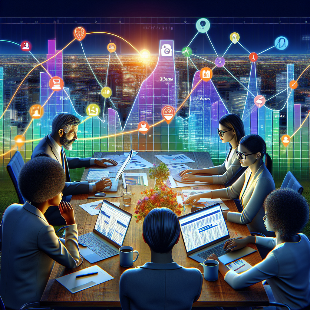 A detailed visual representation of local SEO analytics at work. We see a large, multicolored graph showing website ranking in the foreground, overlaid with keywords and geolocation markers that indicate progress over time. A diverse team of analytics professionals focusing on the graph, a Hispanic woman with a short haircut, a Middle-Eastern man with a beard, and a Black woman with glasses, all working together analyzing and interpreting the data. They sit around a large table littered with reports, laptops, and mugs of coffee. In the background, we see a large cityscape at twilight, indicating the local nature of the SEO.