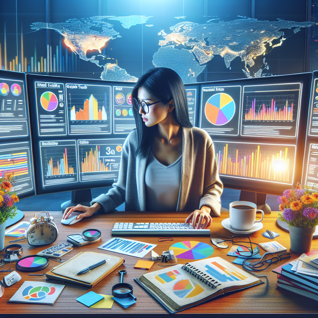 Visualize a modern computerized working station where a professional digital marketer, an East Asian woman, is attentively scrutinizing various colorful graphs and charts on multiple screens. The charts represent different local SEO metrics like organic traffic, keyword positions, and backlinks. Beside her, a prominently displayed map highlights various geographical regions, indicating local search trends and performance. Strewn around are notes, SEO books, practice manuals and a cup of coffee giving an air of an intense work environment. Also, include an vibrant hourly glass beside the workstation indicating the constant tracking and fluctuations in the digital marketing world.