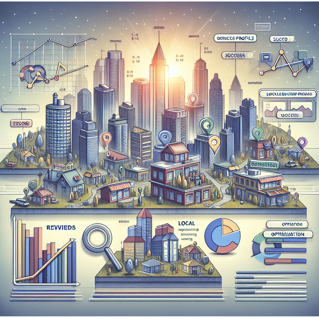 An enlightening illustration depicting the concept of Google Business Profile Optimization for SEO success. Visualize a horizontal composition with a detailed cityscape representing local businesses. On the left side, some businesses appear dim and monotonous, whereas on the right, businesses are bright and lively, standing out from the surrounding area, symbolizing successful local SEO implementation. Overlay strategic terms associated with SEO, such as 'keywords', 'reviews', 'local', 'success', and 'optimization'. Additionally, picture analytical graphs and data trending upwards, signifying the rise in traffic and business prominence due to the implementation of the optimization tactics.