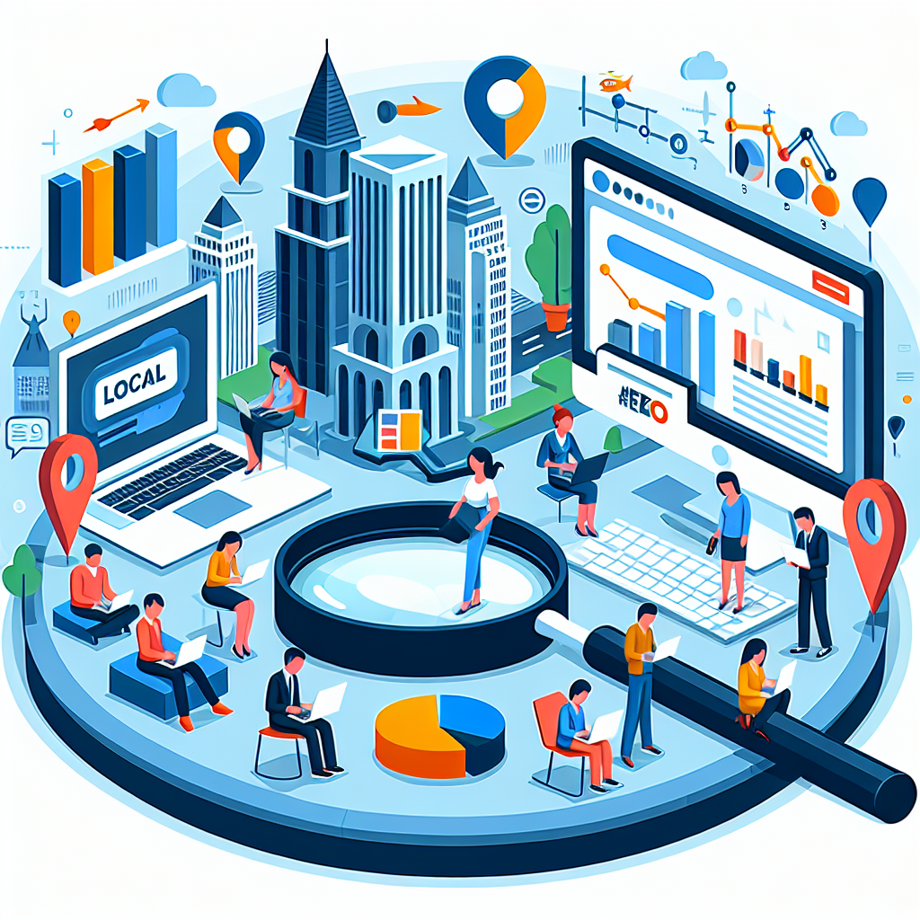 Design an image that illustrates the concept of local keyword research. This digital realm should include a diverse group of people using different devices like laptops, desktop computers, tablets, and mobile phones. They are all searching for city-specific information. The background has various city skylines indicating different geographical locations. To depict SEO strategies, include elements like a magnifying glass inspecting keywords, bar and pie charts showing data analysis, and a roadmap with pin markers symbolizing strategic planning. The image has an educational yet engaging feel to it.