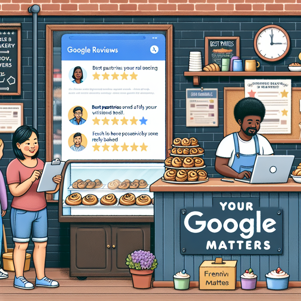 Show a scene of a small local bakery owned by a Black woman who is busily serving fresh pastries to a diverse group of satisfied customers. In the far corner, an Asian man is writing a positive review about this business on his laptop, clearly visible on his screen is the Google Reviews platform. On the wall behind the counter, have a bulletin board with printed copies of positive Google reviews and a sign saying 'Your opinion matters'. Also, please include some SEO-related elements such as keywords highlighting attributes of the bakery (i.e. 'best pastries', 'freshly baked') placed subtly throughout the scene.