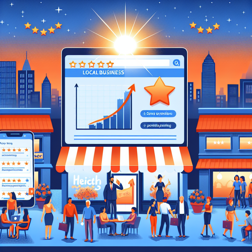 Create an image capturing the essence of a successful local business strategy focused on online reviews. The middle-ground of the illustration should depict a busy local store, with active and diverse set of customers. In the foreground, include a laptop open to a popular review site like Google, with an SEO tool open displaying upward trending analytics. On the screen, display a high star rating and positive review comments. Show the owner, a South Asian woman, responding positively to reviews. In the background depict the city skyline to represent the local area, with sun rising indicating the start of a successful day.