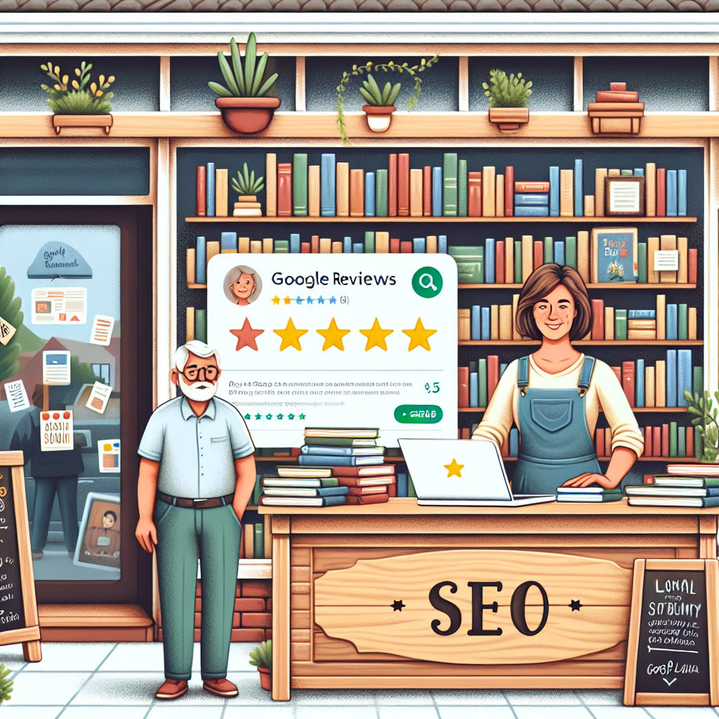 An illustrative image featuring a small locally owned bookstore in a quaint town. The bookstore is seen to be owned by a Caucasian woman. The store should be filled with books of various sizes and subjects. On the wooden counter, there is a laptop with a visible Google Reviews screen filled with positive feedback. In the background, a South-Asian man is seen happily browsing through the books. The storefront has a signboard with the word 'SEO' and highlighted stars indicating good reviews. The surrounding setting should show evidence of a friendly community, with a community board, local flyers, and plants in the windows.