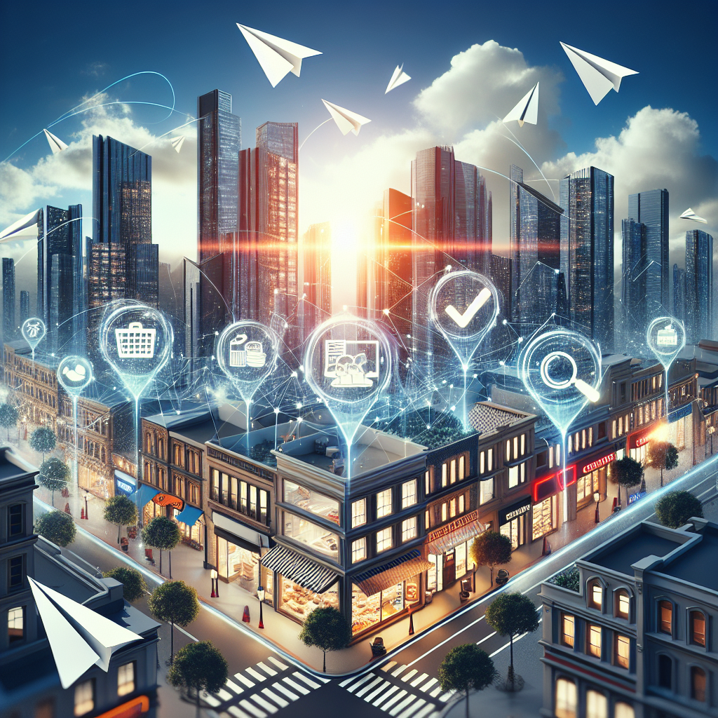 Visualize a bustling and innovative cityscape, with sky-touching buildings designed with modern architecture. Different storefronts can be seen along the bustling streets, with neon signs representing a variety of local businesses - a bakery, a tailor, a grocery store, a barber shop. The focus is on the powerful impact of these businesses. Infused in this scene, designs of three-dimensional citations fluttering in the air like paper planes. The citations are marked with magnifying glass and a tick mark, symbolizing verification. In the background, a rising sun, signifying success.