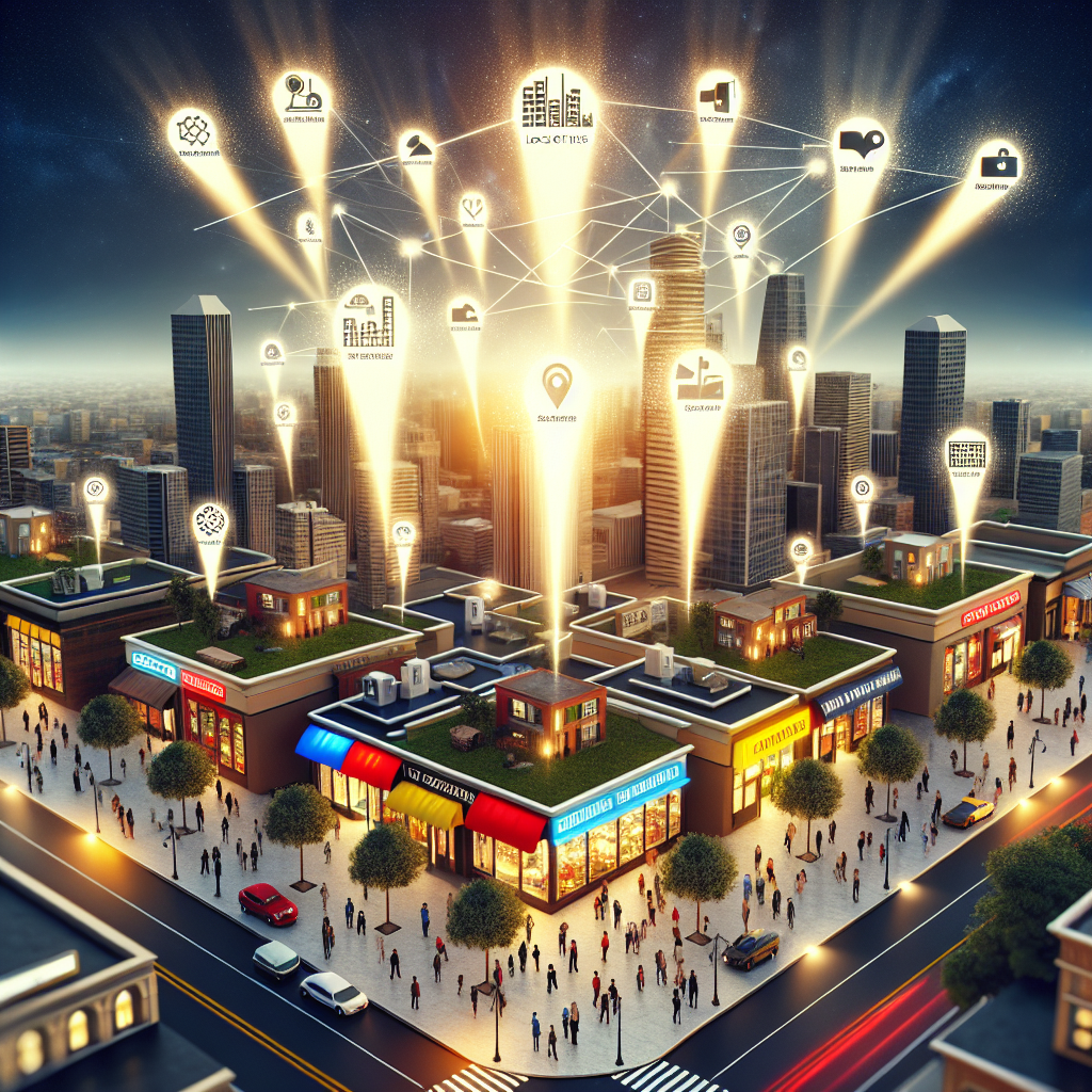 A visual representation capturing an urban cityscape that houses small and medium-sized businesses. The area is bustling with people of different descents, genders, and occupations. These businesses range from retail shops to restaurants and fitness studios. Over the scene, an abstract concept of 'Local Citations' hovers, depicted as powerful beams of light focusing on these businesses. These beams symbolize visibility, recognition, and prosperity. They transform into business listings in the sky, each listing prominently displaying essential attributes like name, location, and kind of business. This visionary concept should signify success for local businesses.